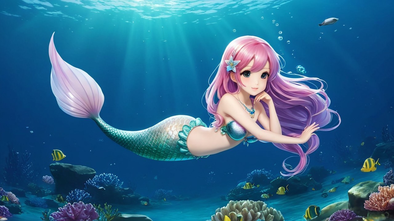 Underwater Scene with Mermaid and Colorful Coral