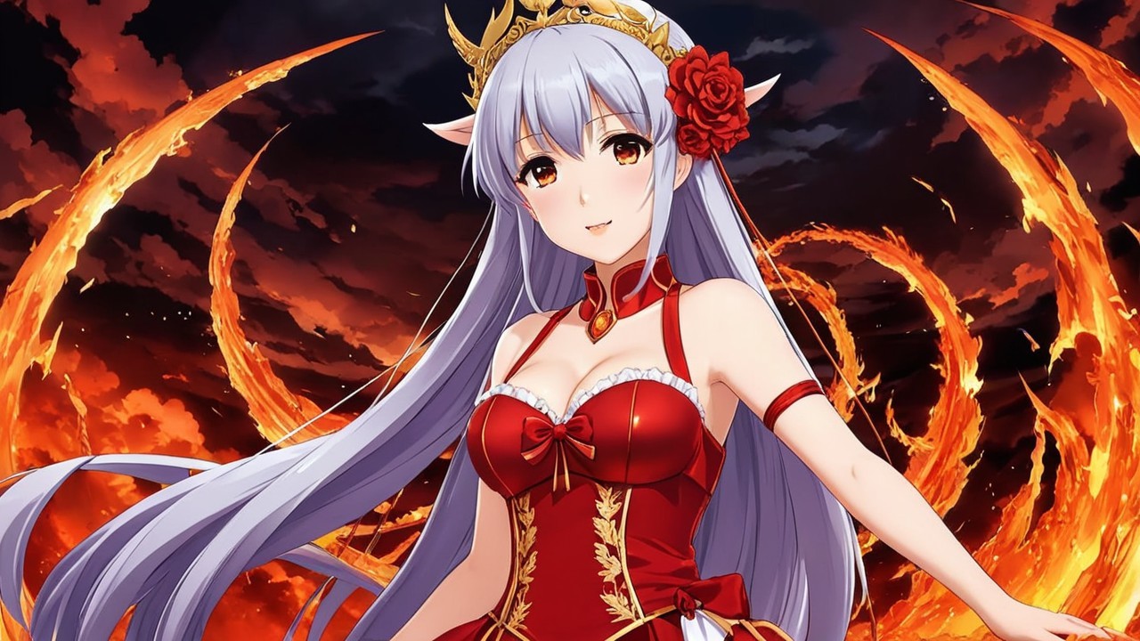 Fantastical Character in Red Gown with Silver Hair