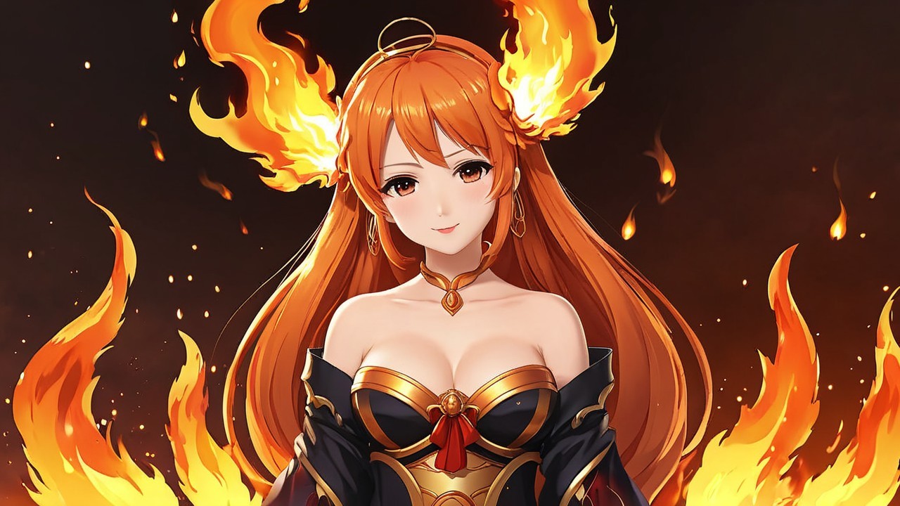 Female character with long orange hair and flames