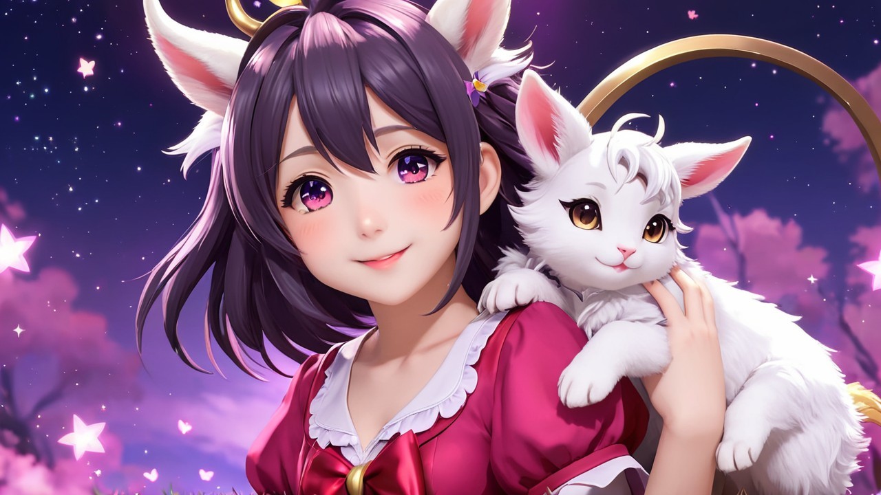 Cheerful girl with purple hair and cat ears in twilight