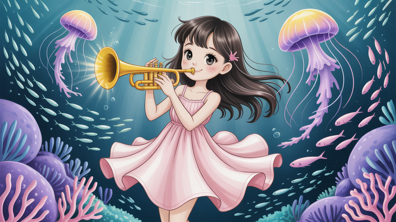 Underwater Scene of a Girl with a Golden Trumpet