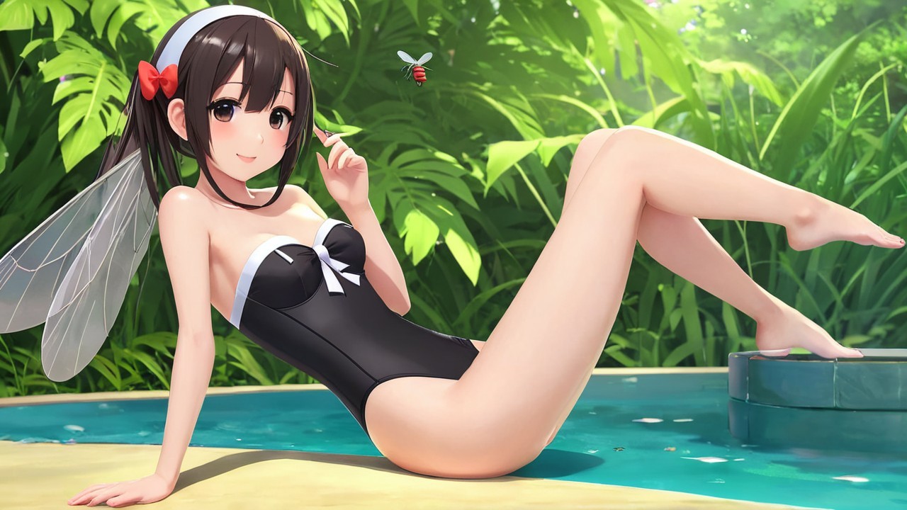 Stylized character by tranquil pool with greenery
