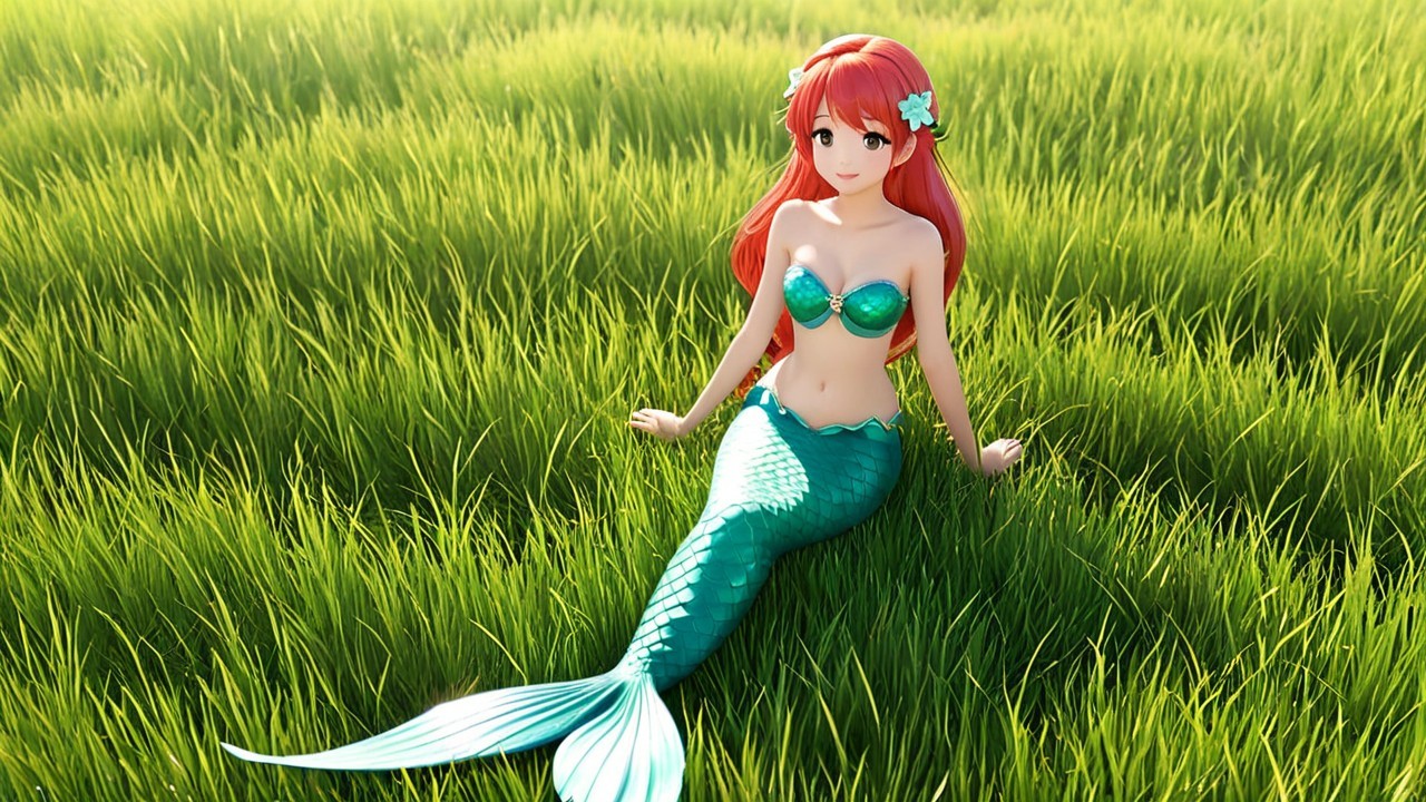 Vibrant mermaid with red hair on green grass