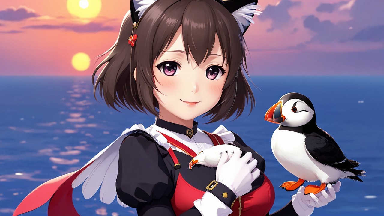 Anime girl by ocean at sunset with birds