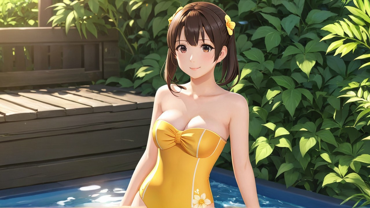 Cheerful girl in yellow swimsuit by a sunny pool