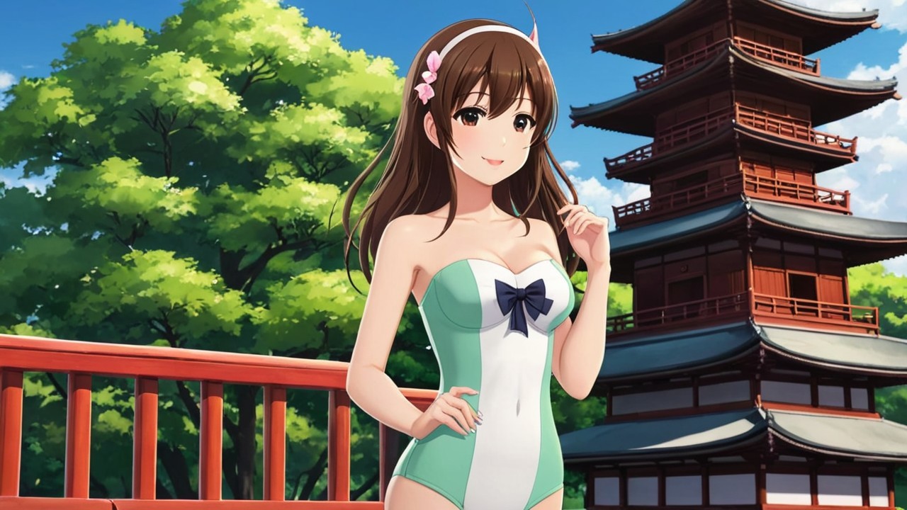 Cheerful Woman in Stylish Swimsuit by Pagoda and Greenery