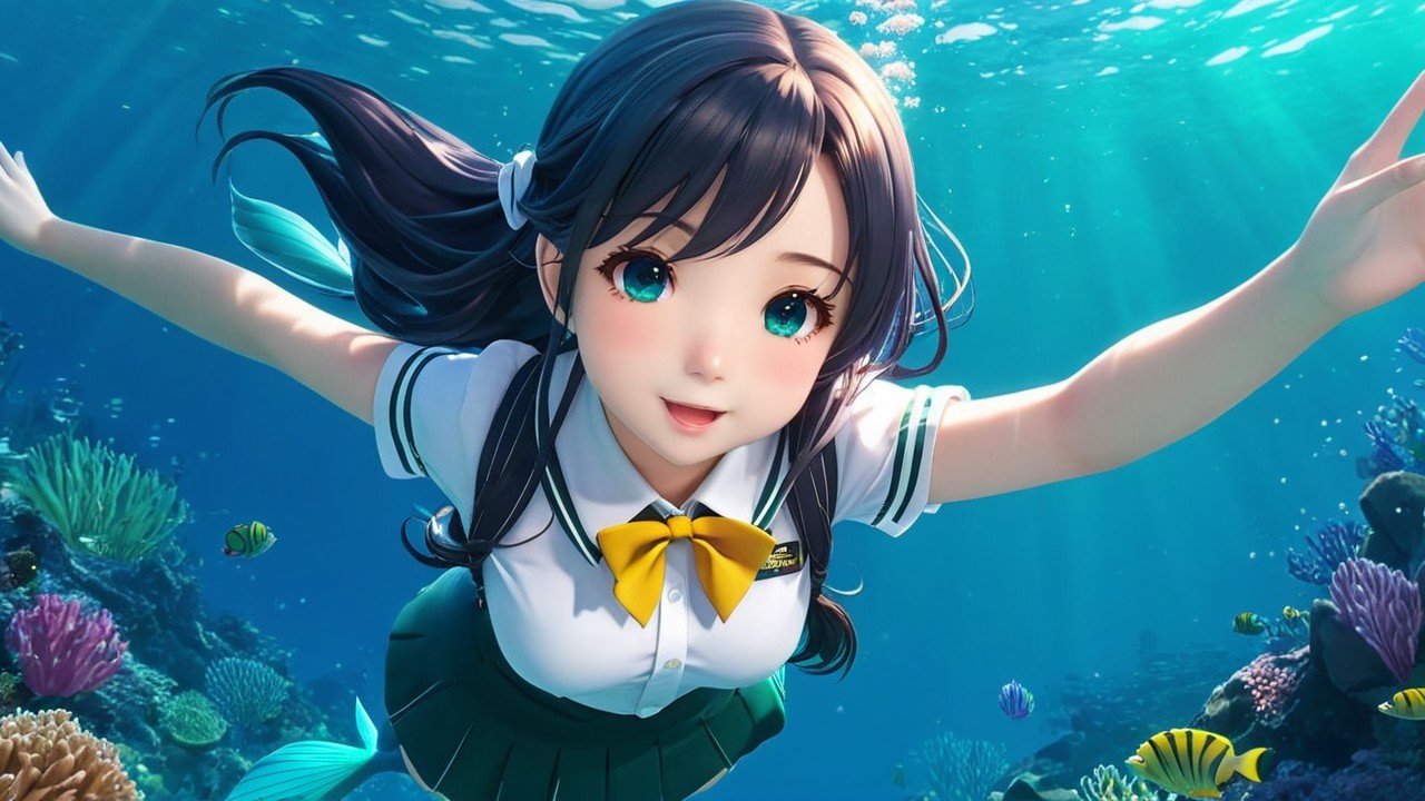Vibrant Underwater Scene with Animated Girl and Fish