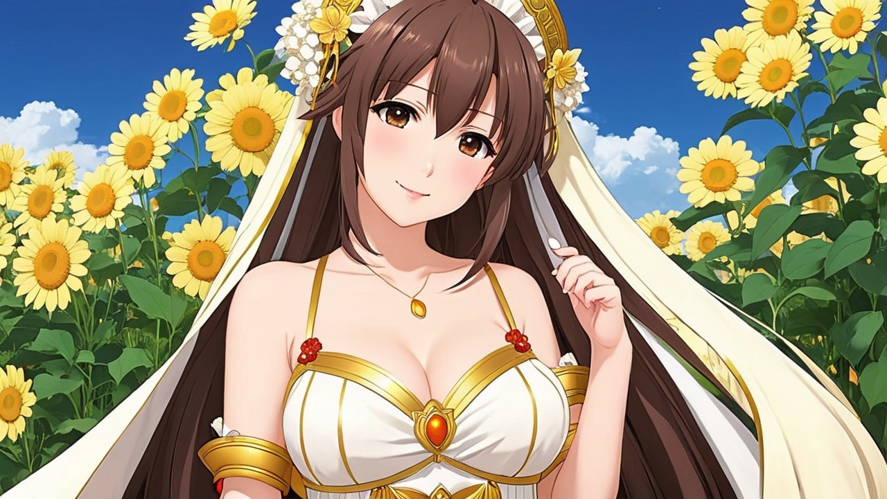 Young woman in sunflower field with elegant outfit