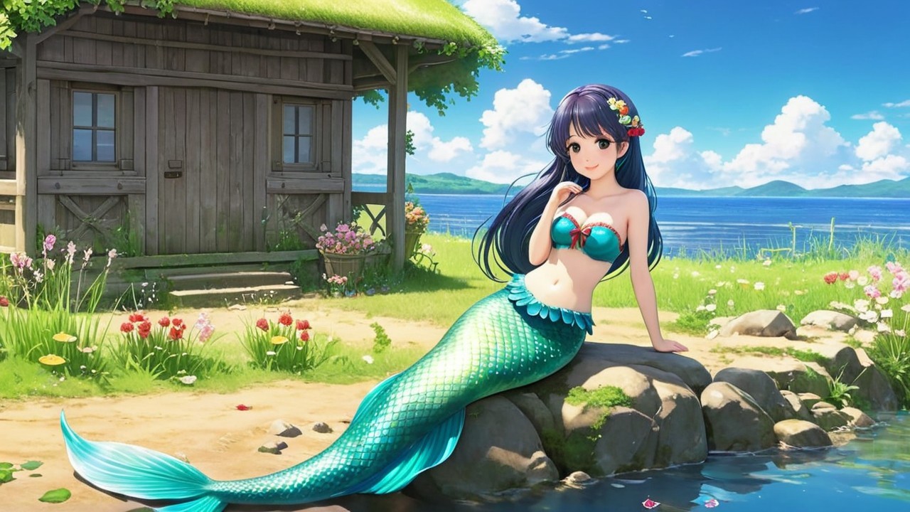 Serene Coastal Scene with Mermaid and Nature Elements