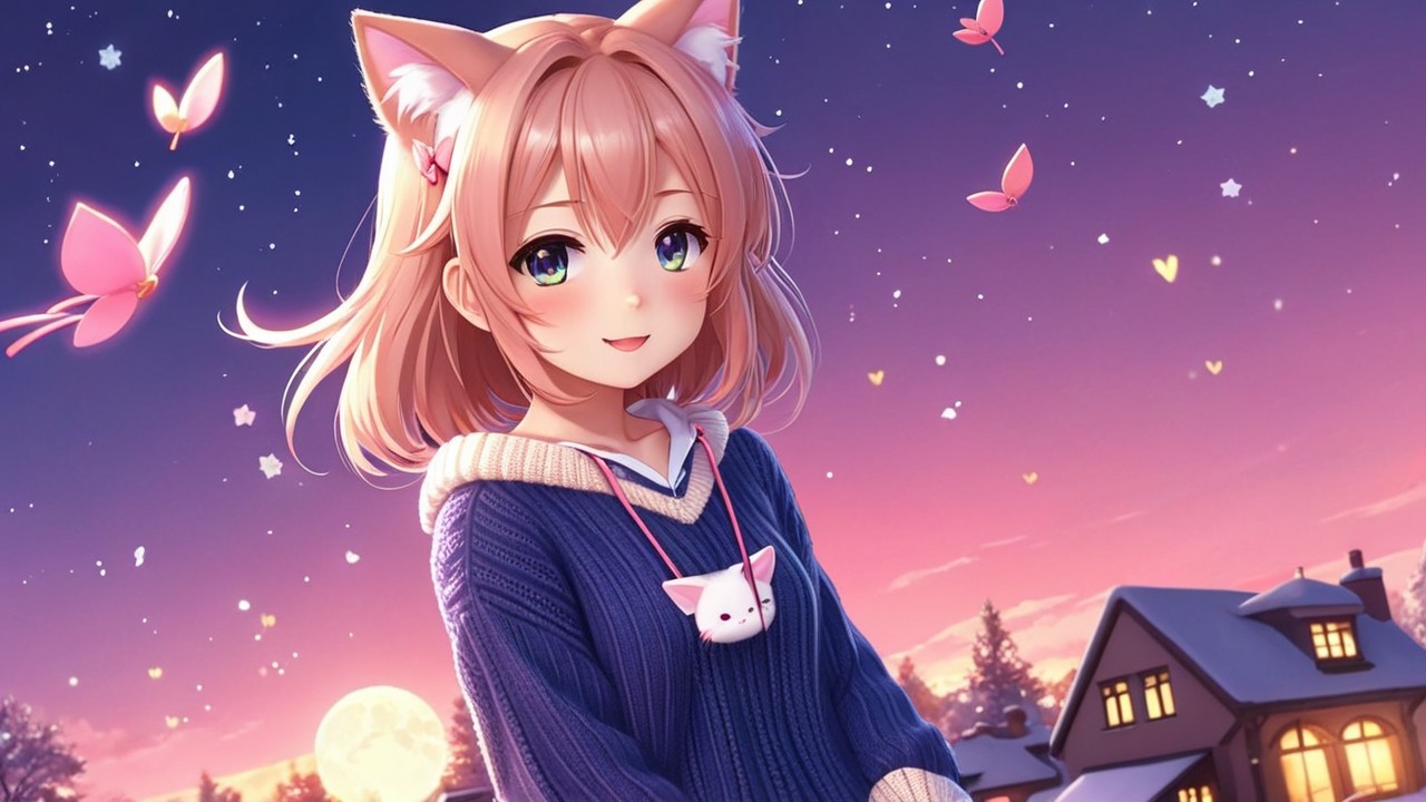 Cheerful girl with cat ears in serene twilight setting