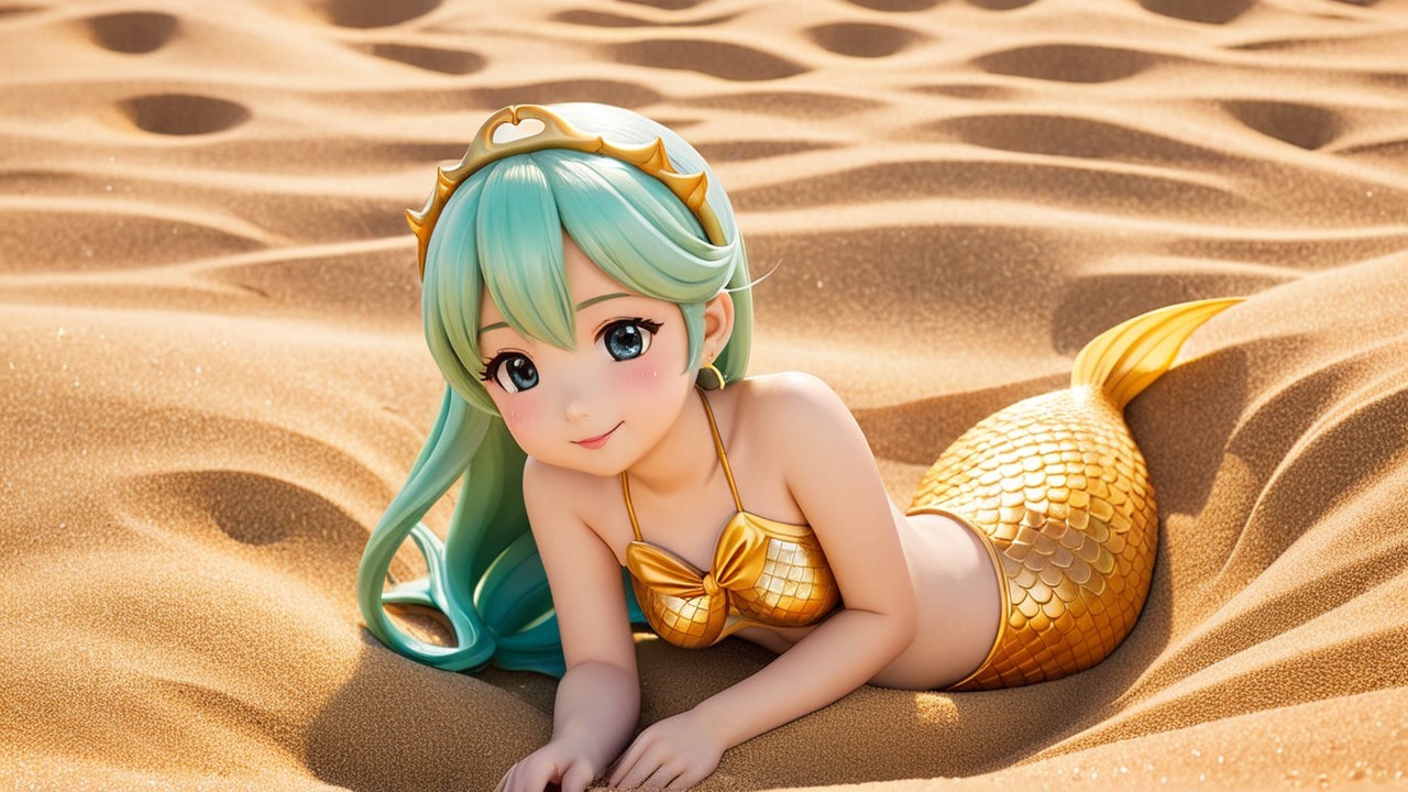 Mermaid Figure on Golden Sand with Aqua Hair