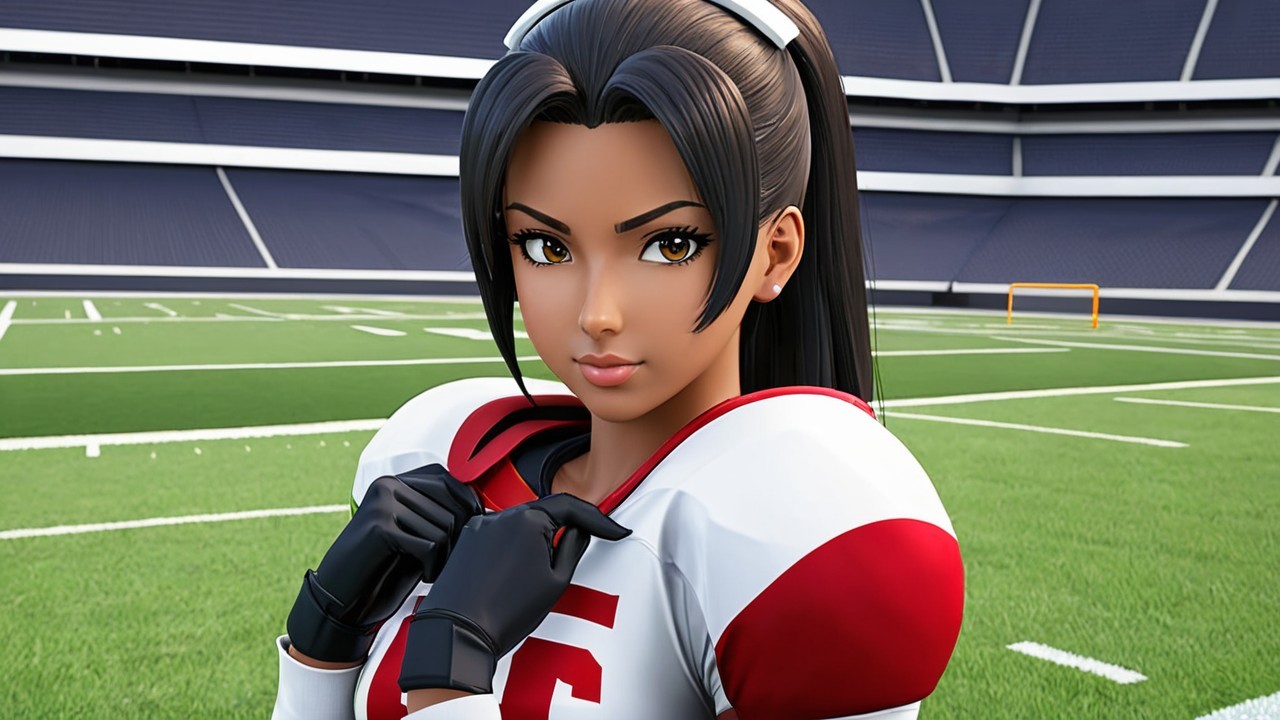 Female athlete in red and white jersey on football field