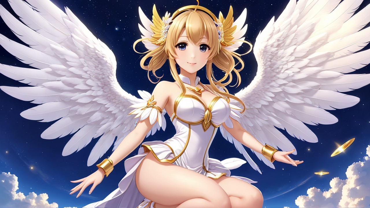 Angelic Figure with White Wings in Celestial Setting