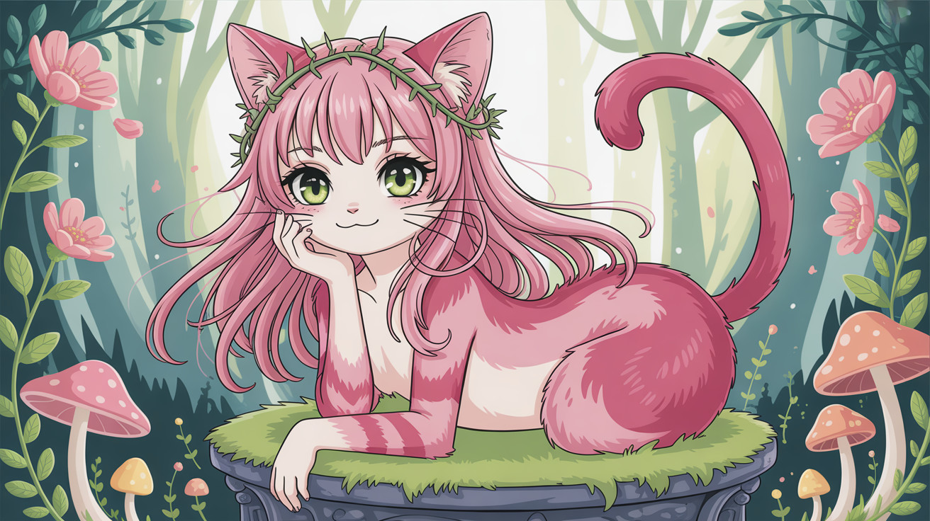 Cartoon-Style Digital Painting of Cat Girl in Forest