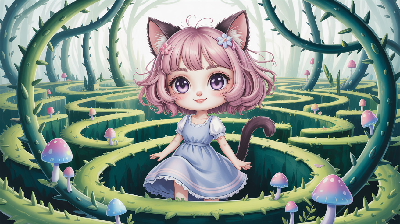 Chibi Kitten Girl in a Mystical Forest Labyrinth
