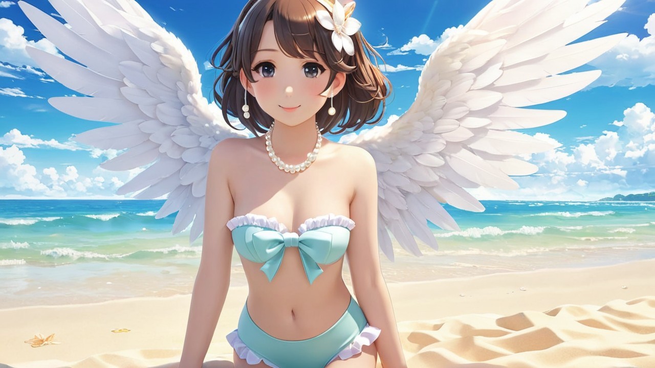 Young woman with angelic wings on sandy beach