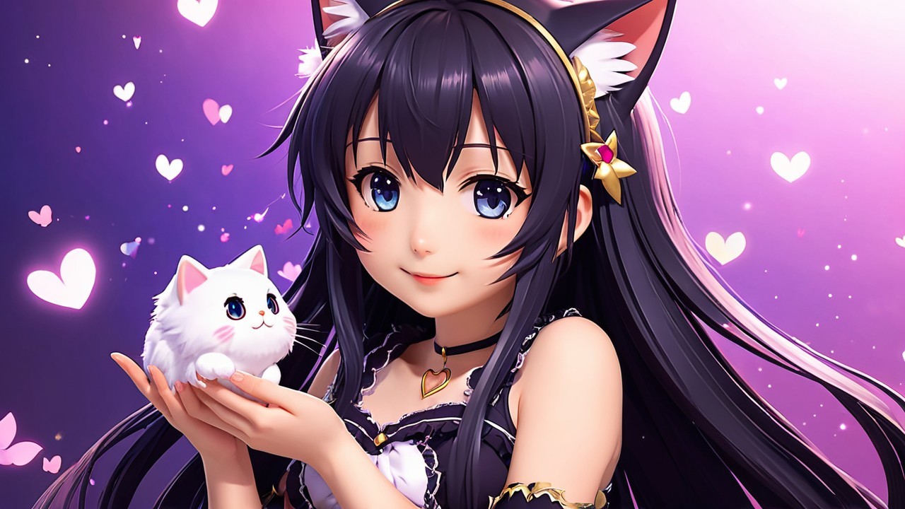 Young girl with cat ears and fluffy white kitten