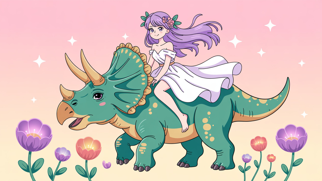 Anime girl on triceratops in colorful flower scene