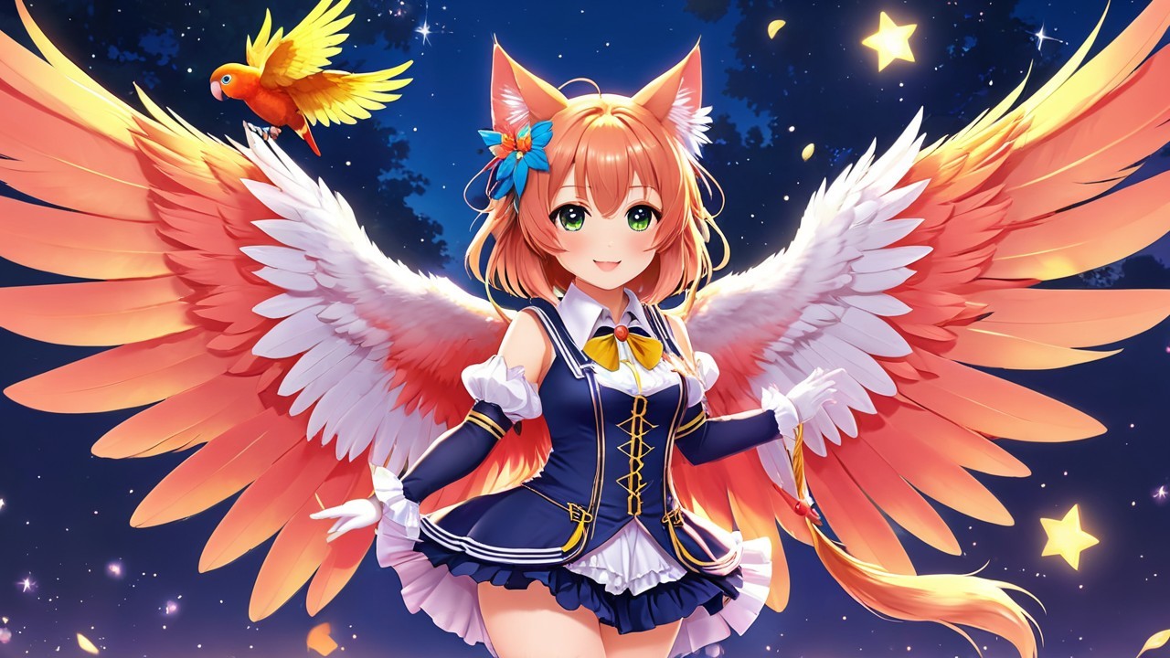 Cheerful Character with Wings in Starry Night Sky