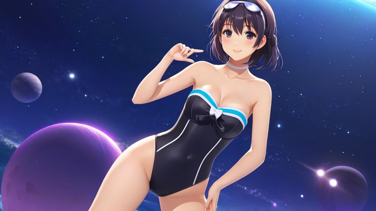 Anime Character in Black Swimsuit Against Cosmic Scene