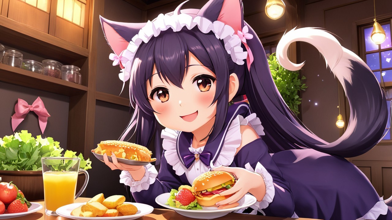 Cheerful character with cat ears enjoying a meal