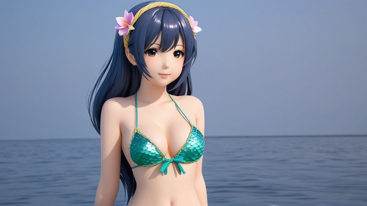Anime Character in Teal Bikini by the Ocean