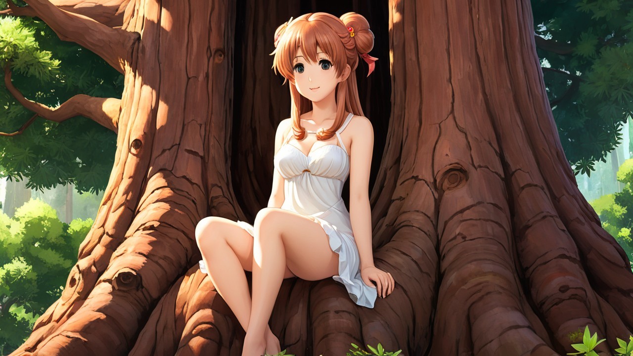 Young girl in white dress on tree roots in sunlight