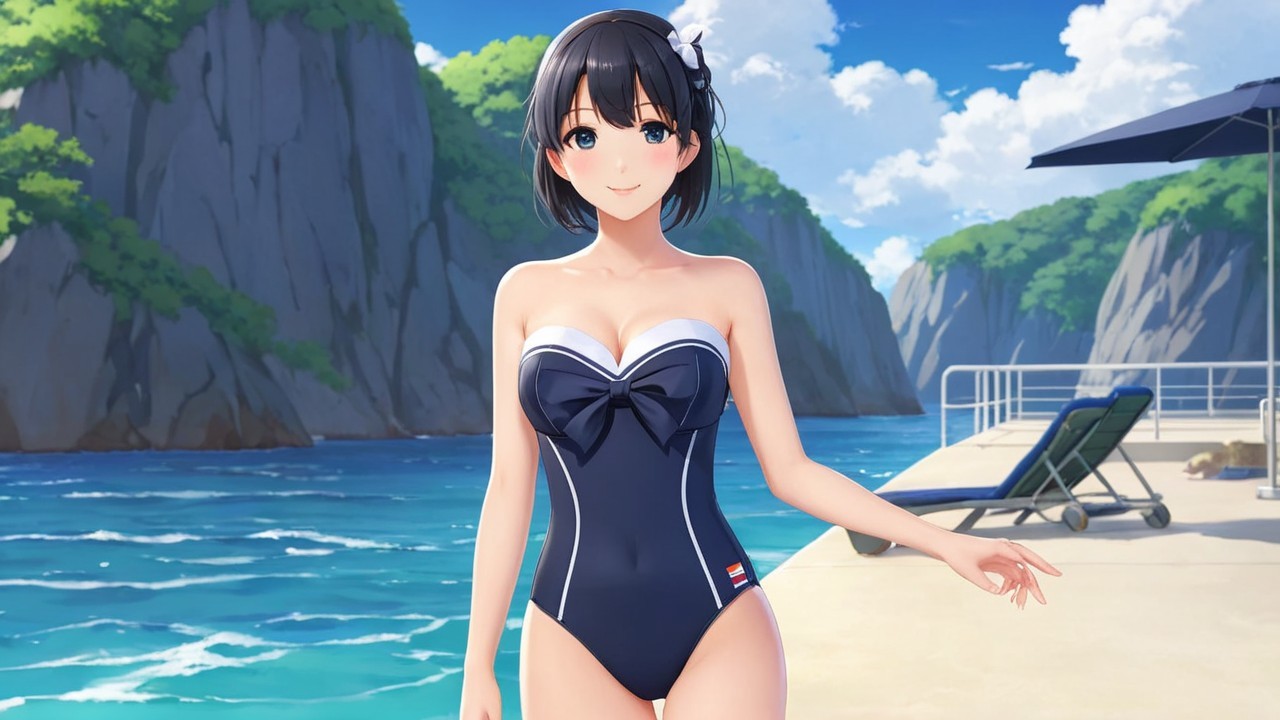 Young Woman in Black Swimwear by Clear Blue Ocean