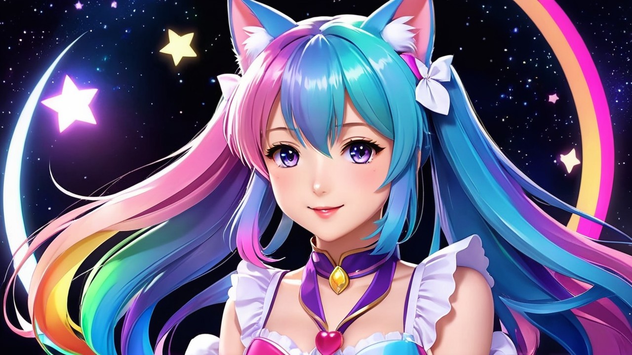 Anime-style illustration of a young woman with colorful hair