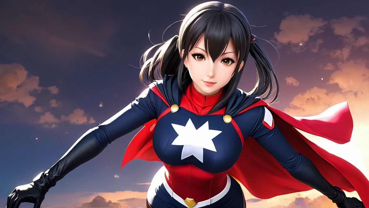 Confident Female Superhero in Blue and Red Suit