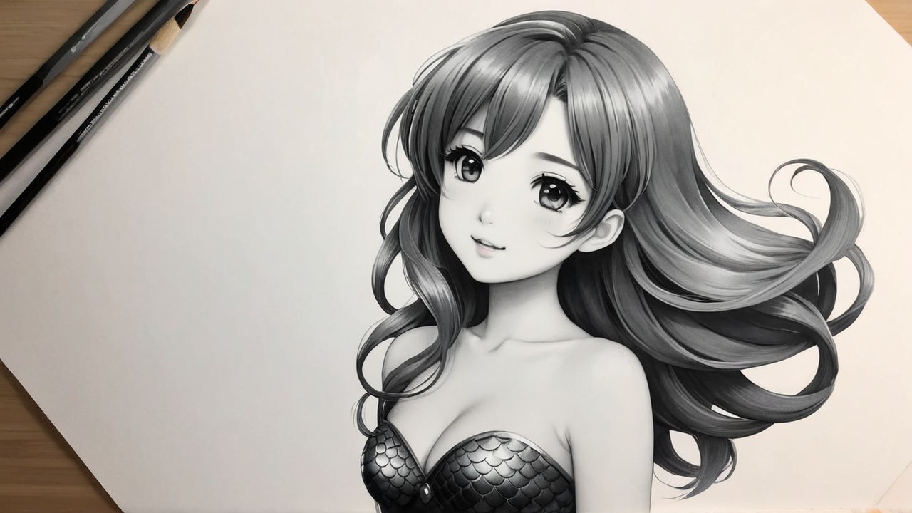 Black-and-white illustration of a young woman with hair