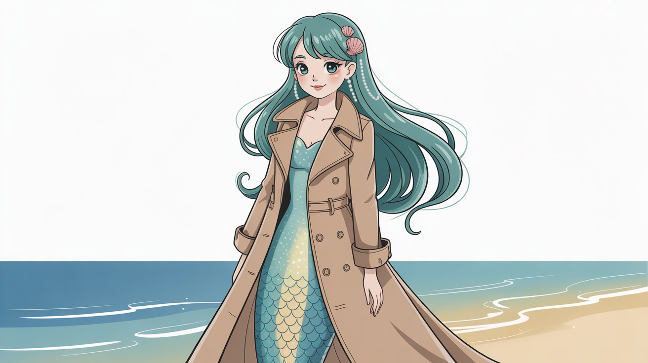 Mermaid with Blue Hair on Sandy Beach in Anime Style