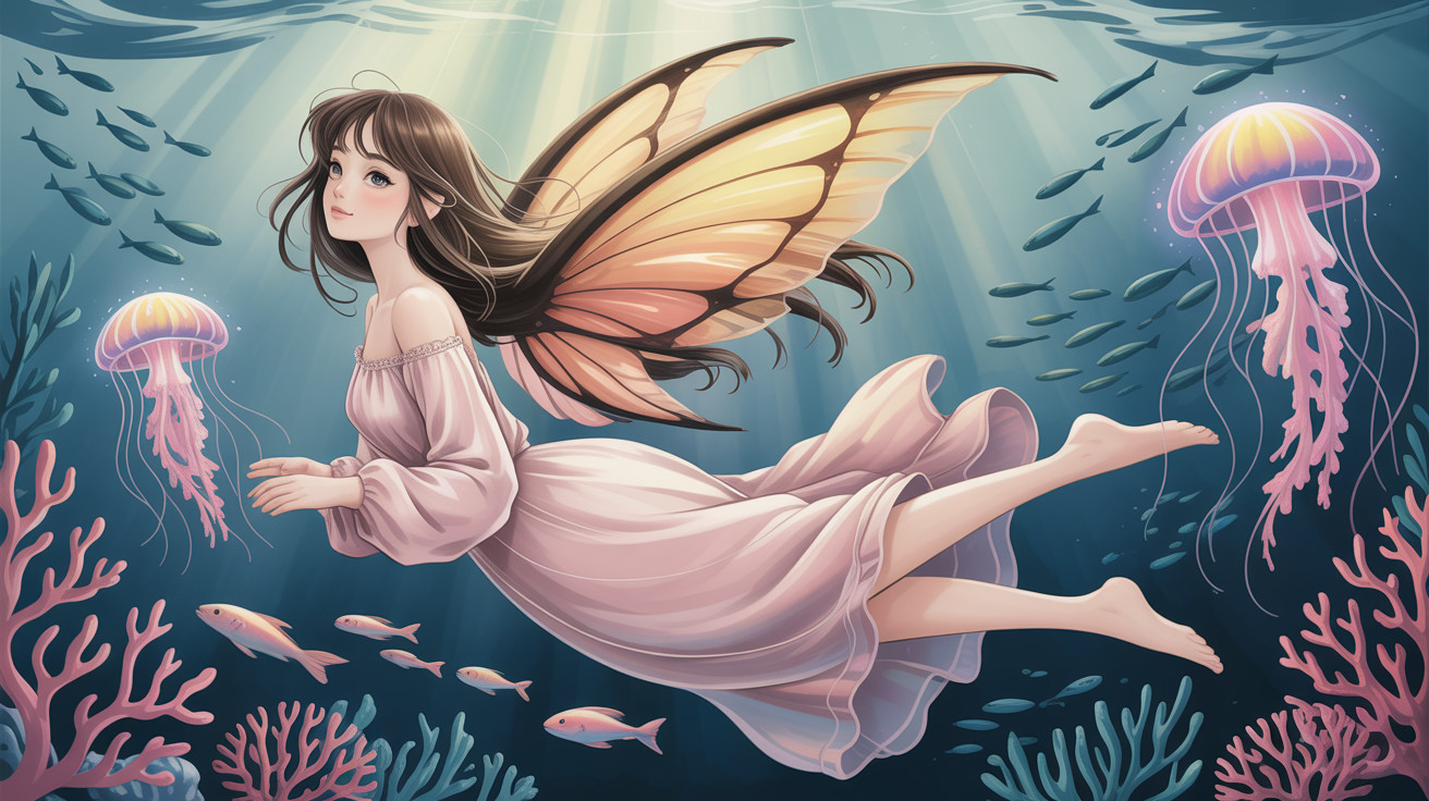 Fantasy girl with butterfly wings swimming underwater