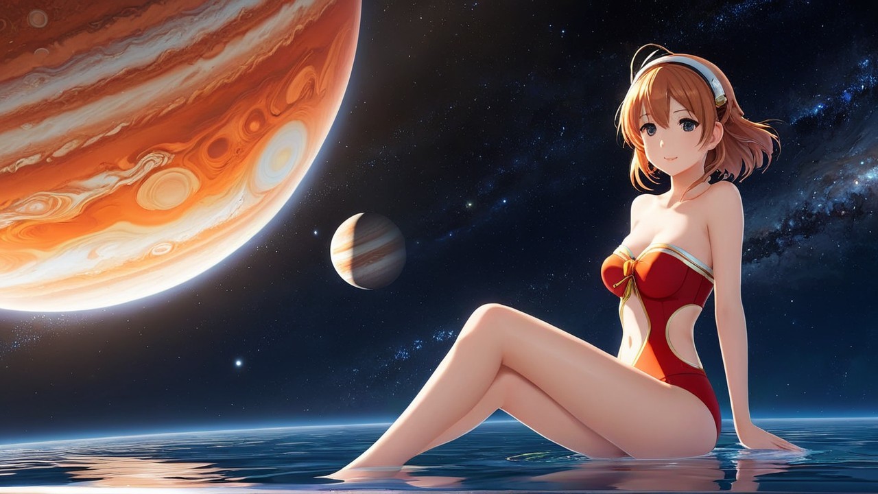 Character in Red Swimsuit in Cosmic Ocean Scene