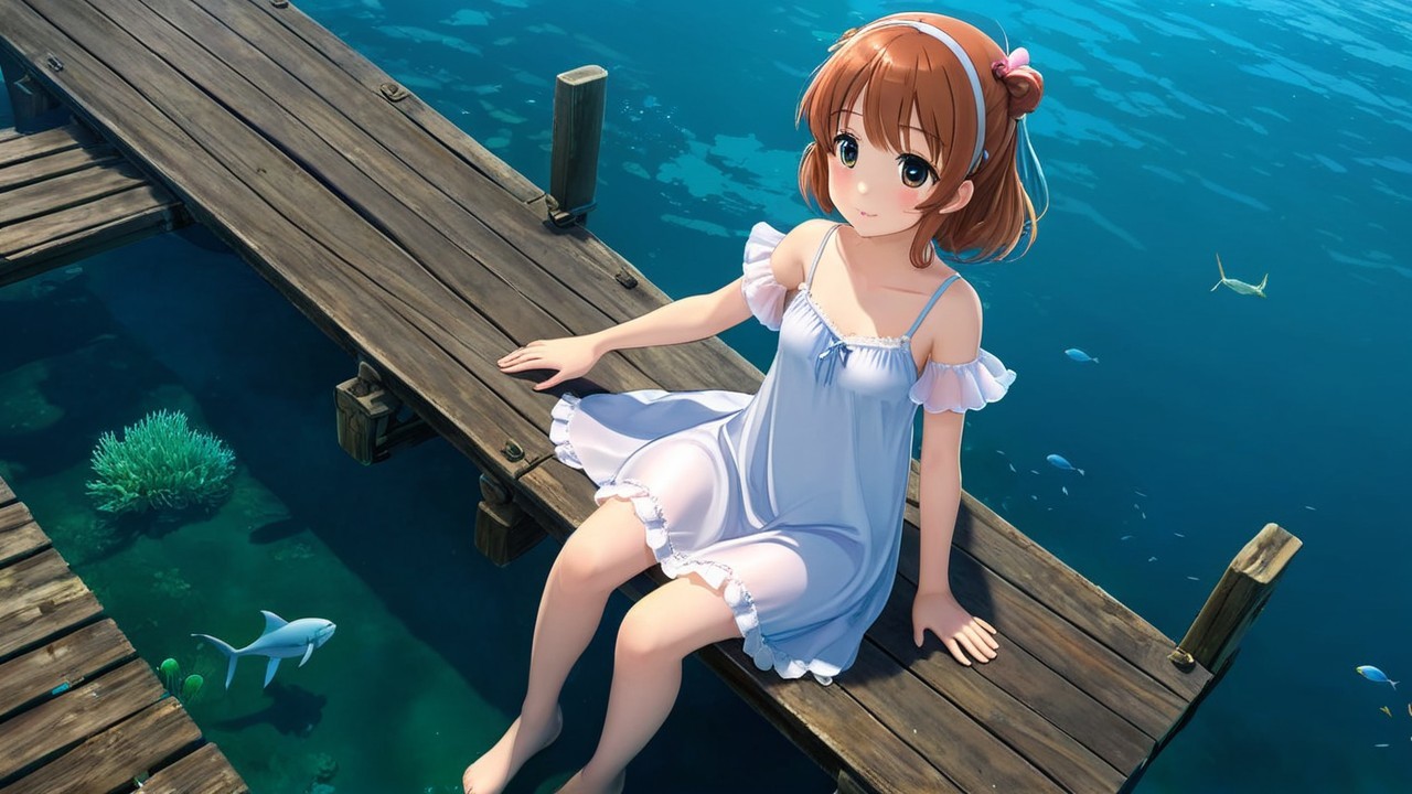 Young girl on wooden dock over clear blue water