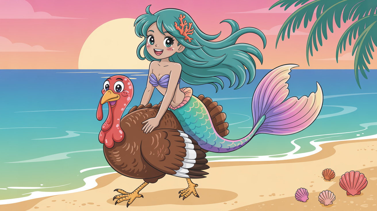Mermaid and Turkey Illustration on Sandy Beach