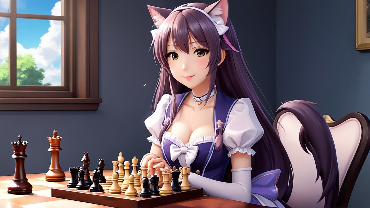 Young woman with cat features at a chessboard