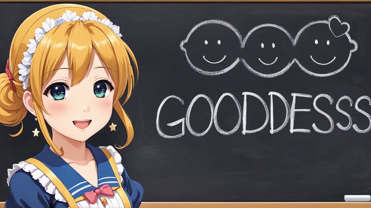 Cheerful anime girl by chalkboard with playful design