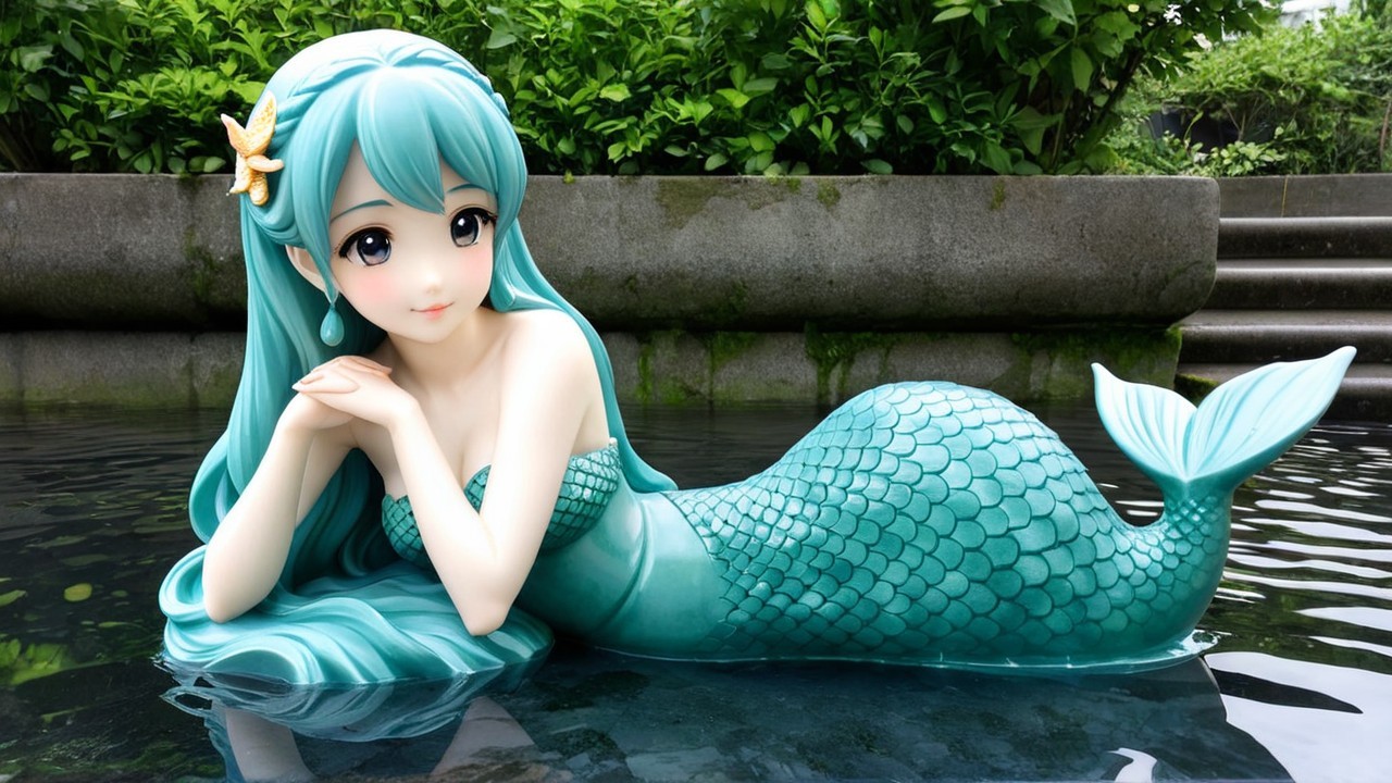 Mermaid Statue in Serene Water Setting with Greenery