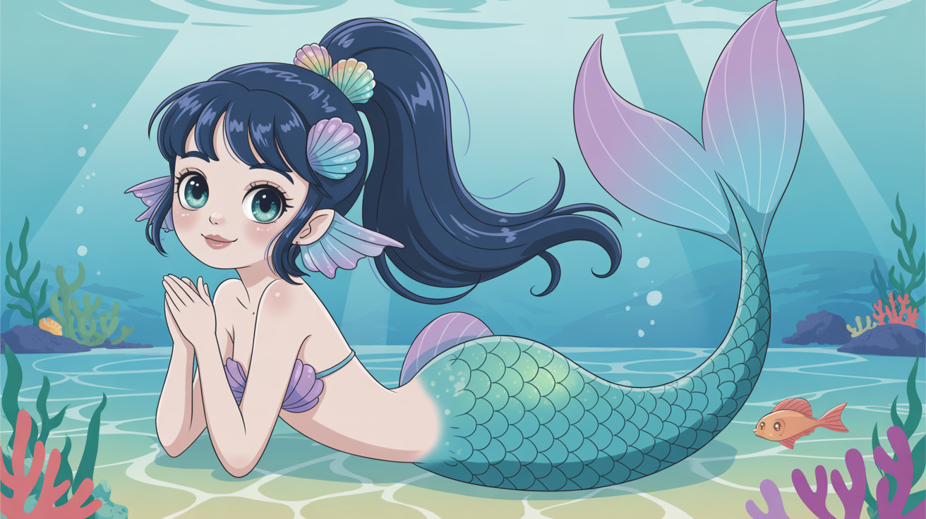 Cute mermaid illustration in underwater scene with corals