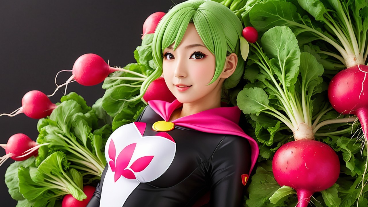 Character with Green Hair Surrounded by Radishes