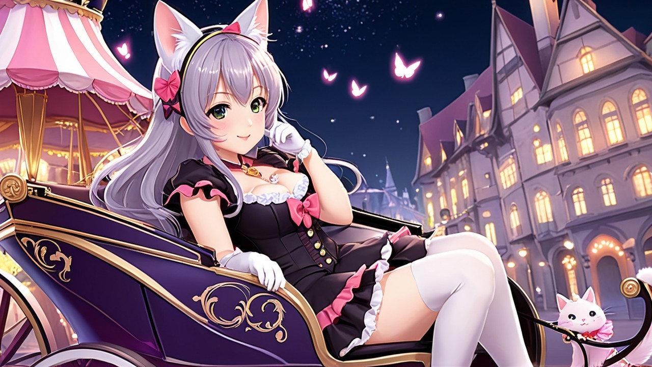 Whimsical Cat-Girl in Lavish Carriage at Night