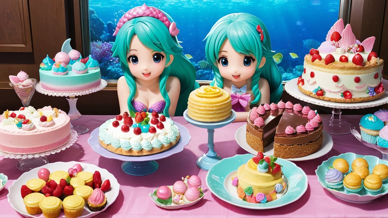 Animated Mermaids at a Colorful Dessert Table