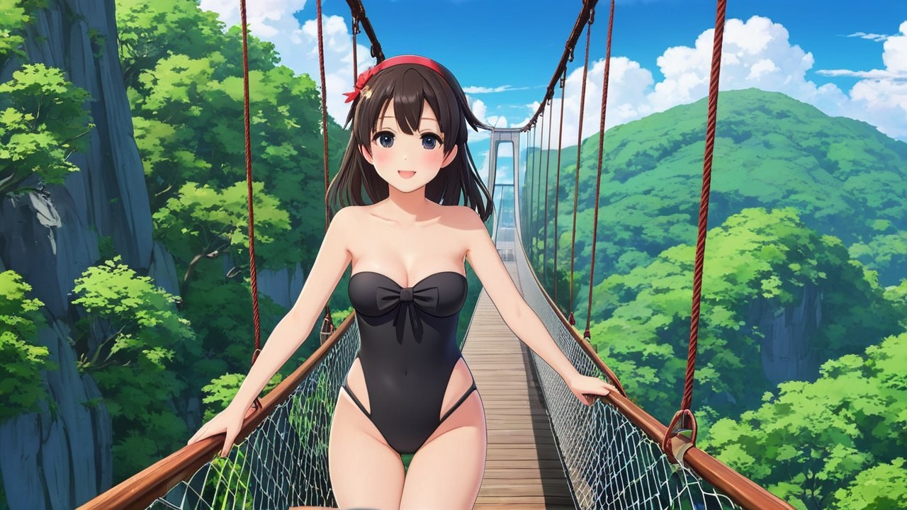 Young woman in black swimsuit on suspension bridge