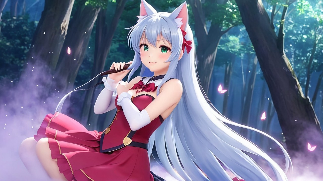 Anime Character in Magical Forest with Cat Ears