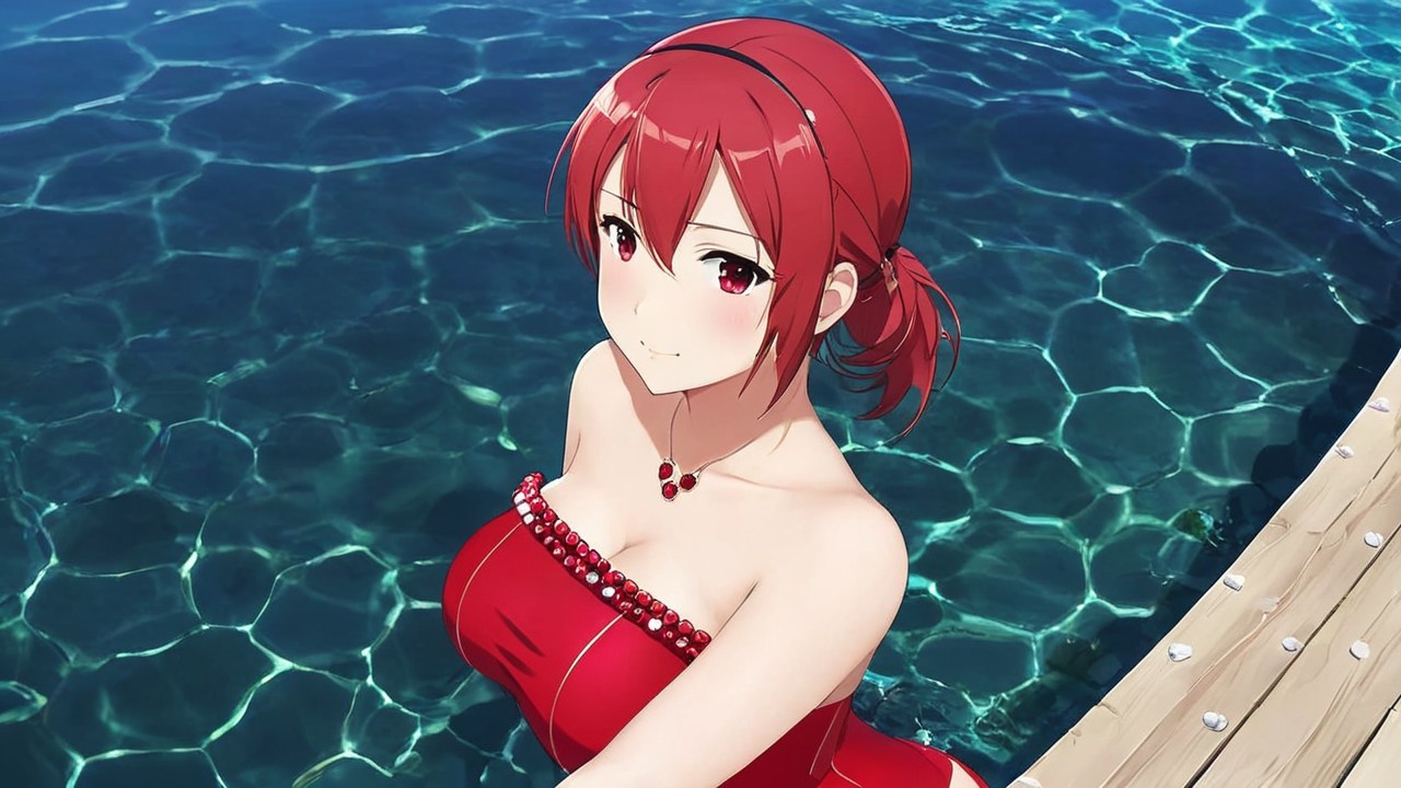 Young woman in red swimsuit by blue pool