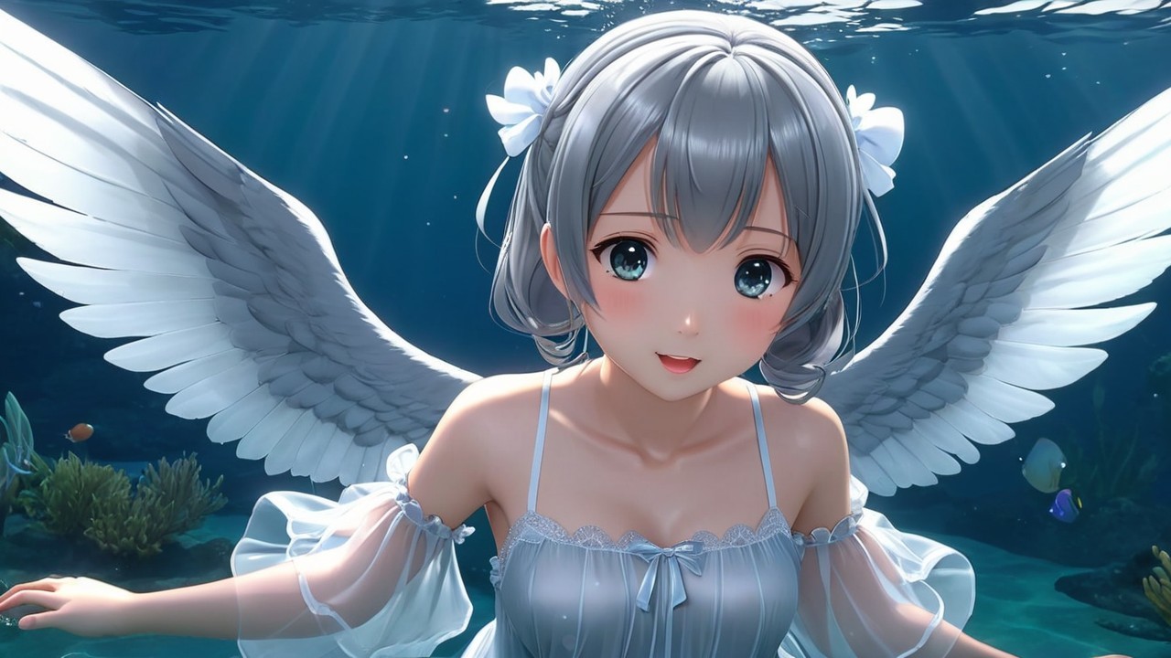 Ethereal figure with wings swimming underwater