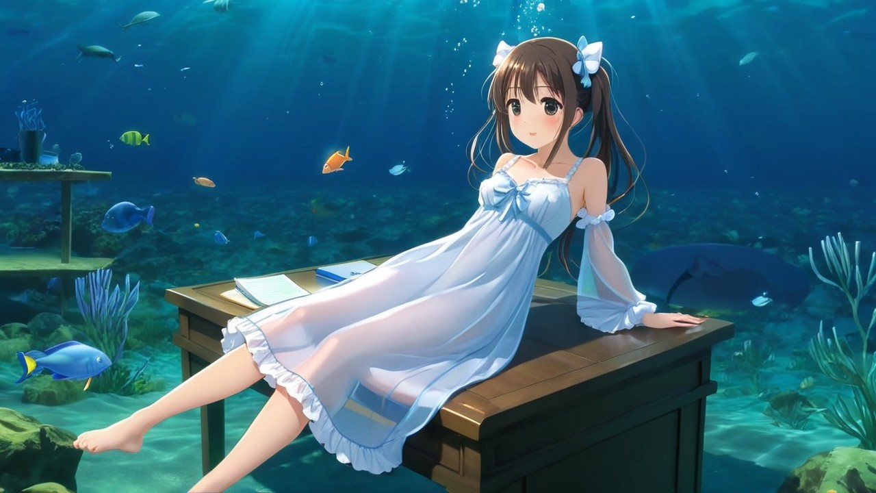 Underwater Scene with Girl in White Dress and Coral Reefs