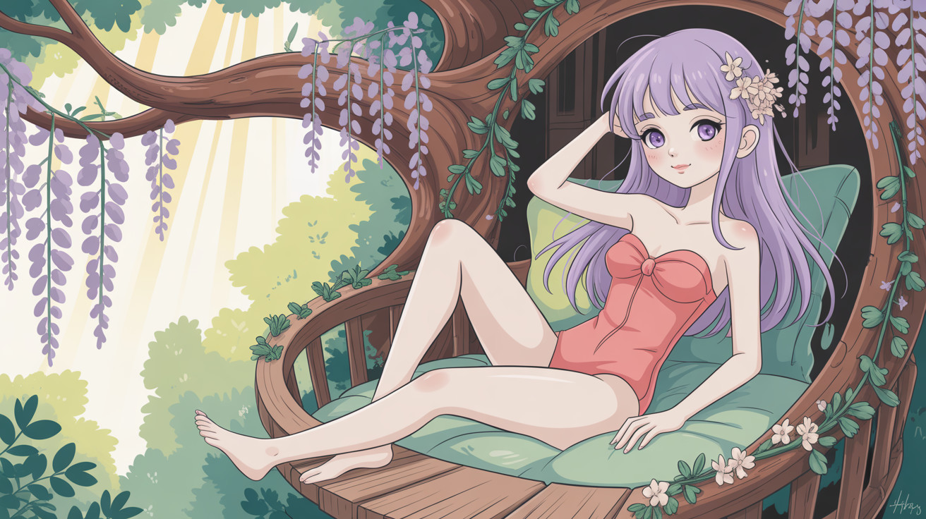 Cute girl in red swimsuit on wooden bench with wisteria