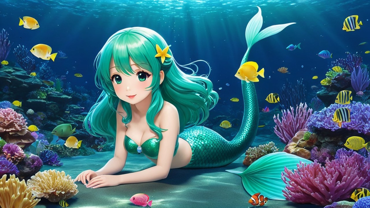 Vibrant Underwater Scene with Mermaid and Coral Reef